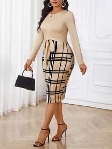 SHEIN Lady Women's Round Neck Long Sleeve Plaid Patchwork Fitted Elegant Mini Dress - Multicolor - View 3