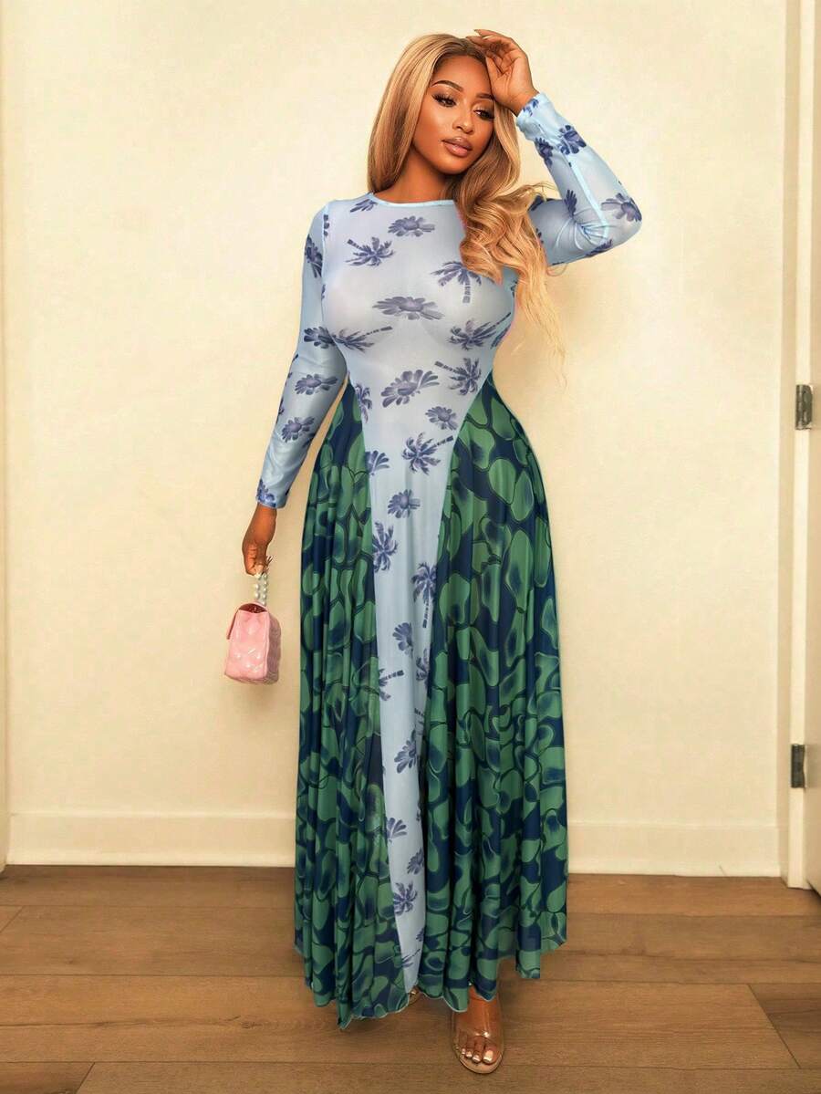 BamGleam 女士新款时尚网纱印花修身连衣裙，大面积展示，适合度假、派对和婚礼等场合。 - 藍色 - 查看 1