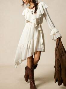 SoleilVie 女士纯色长袖荷叶边连衣裙 - 杏色 - 查看 6