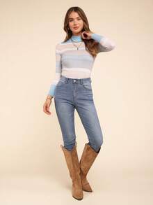 Coeurva 高领长袖女装条纹长袖紧身针织毛衣，秋装，长袖上衣 - 藍色 - 查看 4