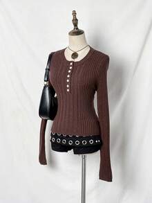 SHEIN Unity Henry Neck Button Sweater, Casual Winter Ladies Knitted Sweater - Brown - View 3