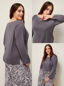 LUVLETTE Autumn And Winter Women Plus Purple Soft Cotton Basic Long T-Shirt & Patterned Pants Loungewear Pajama Set For Women Pants With Pockets Lingerie As Outerwear Lounge Sets Fall Pajamas - Dark Grey - View 2