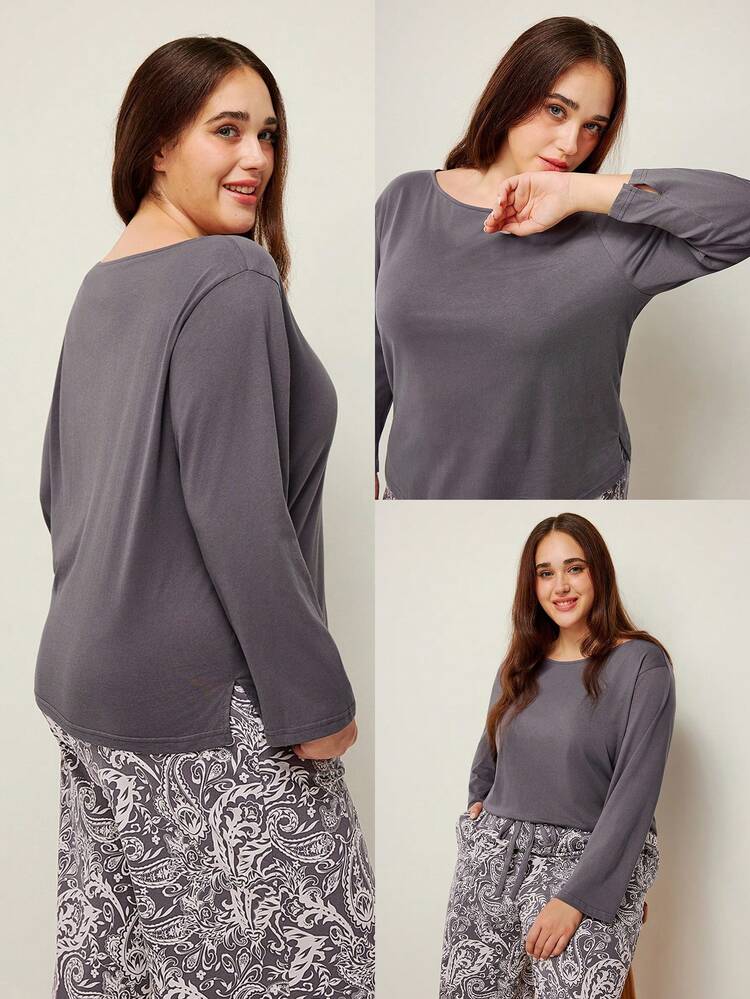 Jesienny i zimowy damski zestaw piżamowy z miękkiej bawełny w kolorze fioletowym, długi T-shirt i wzorzyste spodnie, odzież domowa, spodnie z kieszeniami, bielizna jako odzież wierzchnia, komplety wypoczynkowe, jesienne piżamy