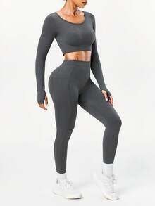 SHEIN Sports 女士无缝瑜伽长袖上衣和裤子套装，开启您的运动生活方式 - 灰色 - 查看 4