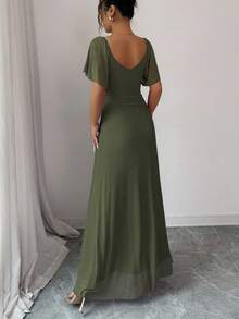 Elenzga 女士浅紫色 V 领荷叶边袖褶皱腰开叉连衣裙，优雅伴娘礼服，派对礼服，春夏 - 軍綠色 - 查看 2