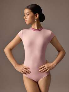 SHEIN Leotard de balet pentru fete adolescente, elasticitate ridicată, dantelă fină, design fără spate, guler cu închizătoare metalică, elasticitate confortabilă, moale și prietenos cu pielea