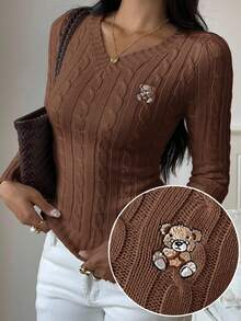SHEIN EZwear Women's Casual Cable Knit V-Neck Bear Pattern Sweater, Autumn/Winter Brown Sweater Coffee Brown Top Brown Top Women Brown Long Sleeve Top Chocolate Brown Top,Fall,Fall Clothes For Women - Mocha Brown - View 3