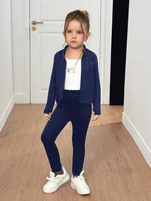 SHEIN Young Girl Yoga Gym Sports Zip-Up Mock Neck Knit Top & High Waist Leggings Winter Set,Back To School Two Pieces Workout Activewear Athletic Outfit - Navy Blue - View 6