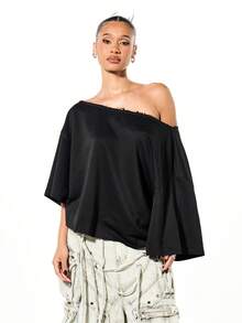 SUMWON 大码露肩长袖上衣，下摆饰有做旧细节，适合日常休闲穿着 - 黑色 - 查看 5