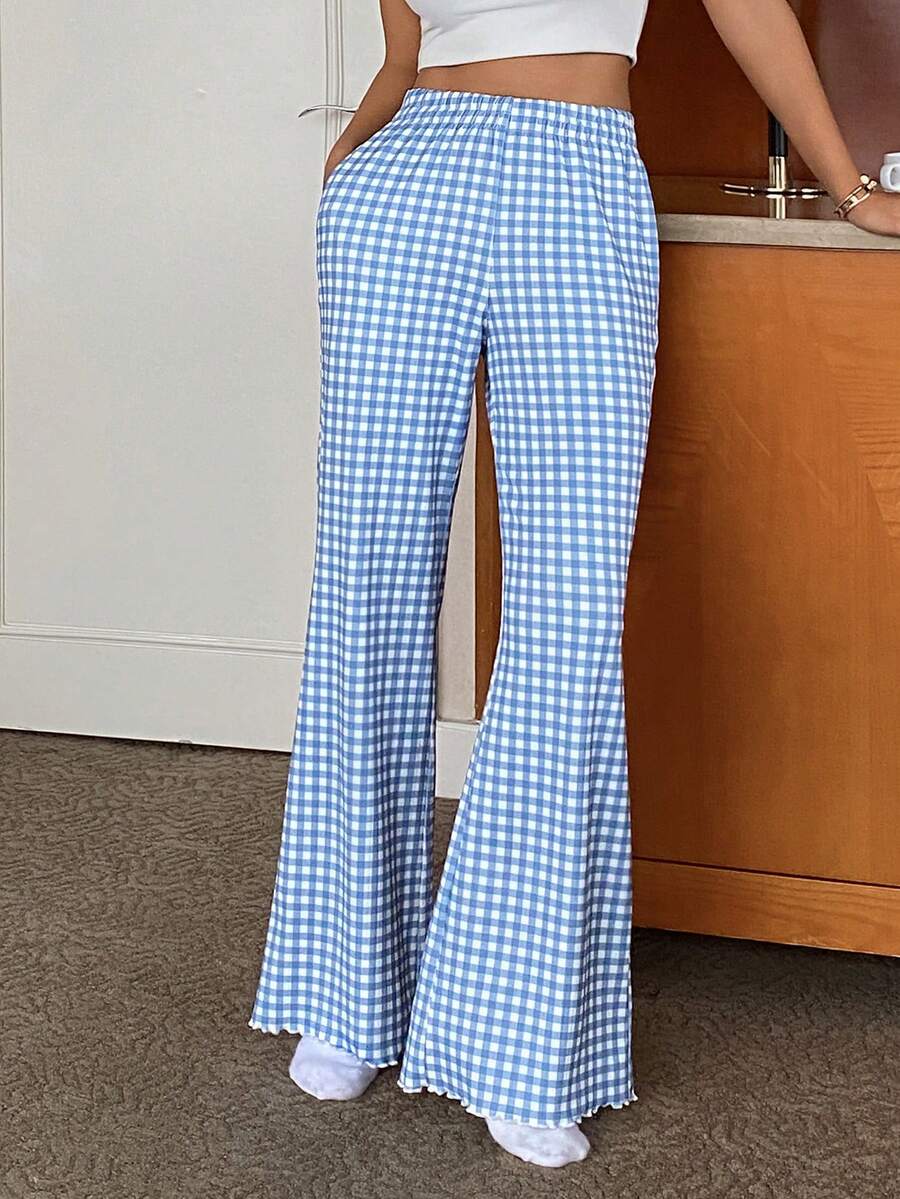DAZY Women's Casual Everyday Gingham Print Flare Leg Lounge Pants - Blue - View 1