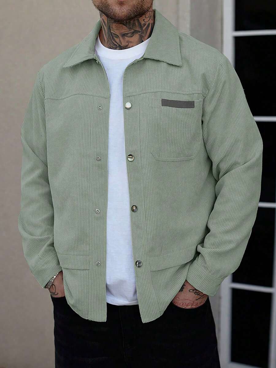 Manfinity Homme Men's Solid Color Front Button Pocket Casual Long Sleeve Jacket, Corduroy, Fall/Winter - Green - View 1