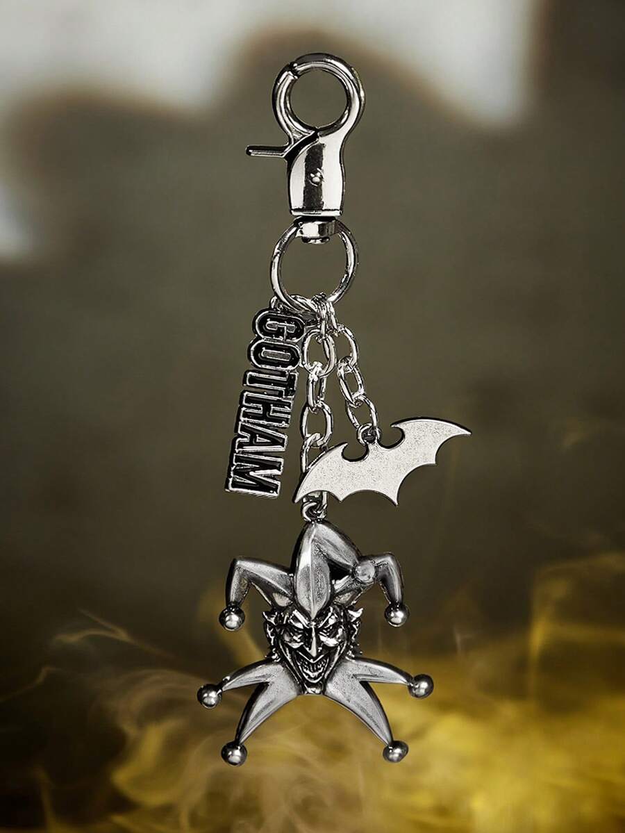 BATMAN X SHEIN 时尚锌合金 3D 百搭钥匙扣,包包吊坠,复古银色,适合悬挂包包和钥匙,礼物,收藏品,纪念品 - 復古銀色 - 查看 1