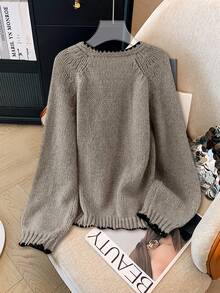 SHEIN PETITE CURVE 大码休闲毛衣，系带蝴蝶结，撞色滚边开衫，女士秋季服装 - 灰色 - 查看 2