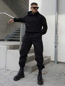 Artur Kramer 2 件男士纯色连帽运动衫和运动裤套装，秋季服装 - 黑色 - 查看 6