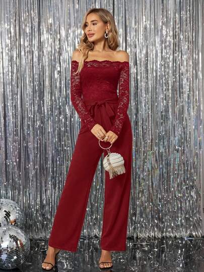 SHEIN Clasi Women's Elegant Party Solid Color Lace Patchwork Off-Shoulder Jumpsuit