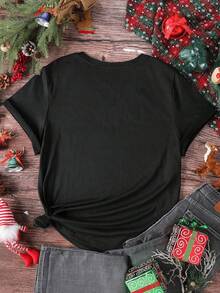 EMERY ROSE Christmas Classic Element "Tis The Season" Printed Casual Plus T-Shirt - Black - View 2