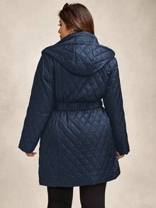 Zelara Quilted Padded Coat With Metal Belt, Plus Size Hooded Coat In Fall/Winter - Navy Blue - View 10