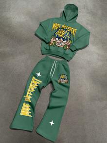 Manfinity EMRG 2 件男士肖像和字母图案印花休闲美式灰色运动裤和连帽衫套装 - 綠色 - 查看 2