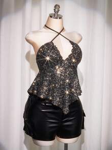 SHEIN ICON Áo hở lưng sequin chéo cỡ lớn, thích hợp cho tiệc tùng, hẹn hò, Y2K, Giáng sinh - Nhiều màu - Xem 7