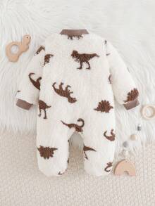 Cozy Pixies 新生女婴卡通恐龙印花保暖内衬圆领长袖连体衣 - 杏色 - 查看 2