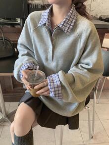 DAZY 女式格子拼接休闲长袖运动衫秋冬 - 灰色 - 查看 6