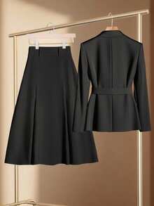 Franclia Black Autumn Elegant Office Women's 2 Pieces Sets,Elegant Commuter Solid Color Blazer & High Waist Skirt Suit,Professional Clothes Skirt Blazer Set - Black - View 2