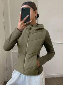 DAZY 女式修身拼布夹棉大衣，秋冬 - 軍綠色 - 查看 1