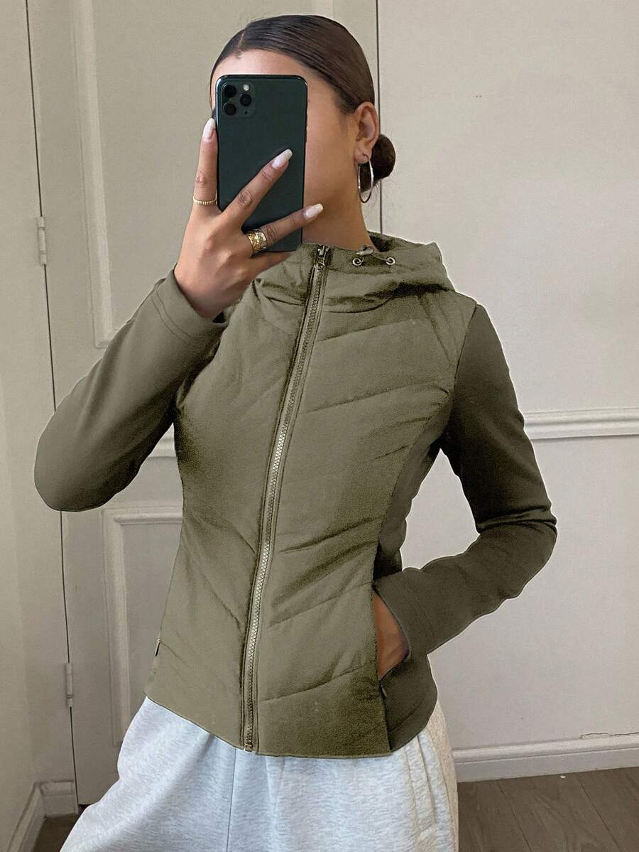 DAZY 女式修身拼布夹棉大衣，秋冬 - 軍綠色 - 查看 1