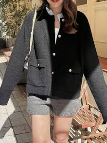 FRIFUL 女士纯色圆领落肩长袖撞色纽扣口袋装饰宽松休闲百搭开衫，秋冬款 - 黑色 - 查看 6