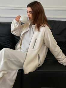 DAZY 女士休闲抓绒卫衣外套，宽松版型，翻领，秋冬女式外套 - 米色 - 查看 5