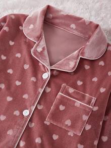 女童睡衣，可爱粉色爱心印花，柔软抓绒面料，长袖开衫+长裤两件套睡衣套装 - 彩色 - 查看 4