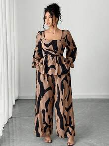 Elenzga 2 件女式套装：方领长袖印花衬衫和休闲宽松松紧腰裤，服装 - 彩色 - 查看 6