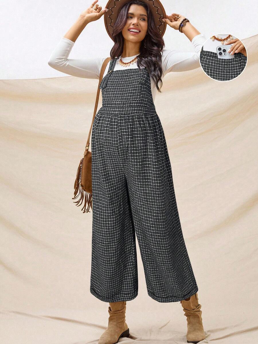 Boho Mama 孕妇休闲通勤格子印花拼接口袋连体裤 - 黑色 - 查看 1