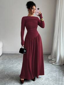 Elenzga 女士牛奶丝针织弹力露肩褶裥前腰A字宽松长袖连衣裙，优雅法式浪漫风，适合办公室、通勤、街头穿着、冬季穿着，百搭实用 - 酒紅色 - 查看 6