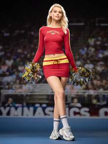 Cheerettes Kontrast-Farbiger Rundhals Raglan Ärmel Figurbetontes Kurzes Grafik Buchstaben Muster Cheerleader Sport Tank Top