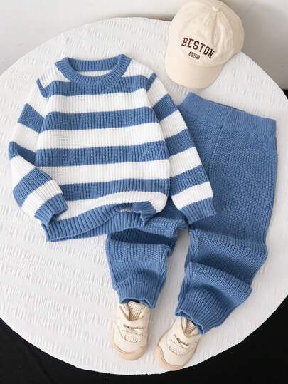 Genkimix Kids 2pcs Baby Striped Knit Sweater & Loose Pants Set, Cute Outfit For Autumn/Winter Boys Autumn Winter Casual Two Piece Set Boy Stripe Outfit Boy Two Piece Set Boy Winter Set Navy Blue Set For Boys Boy Clothes Set Winter Boys Autumn Winter Casual Two Piece Set Boy Two Piece Set Kids Long Sleeve Sets Kids Knit Set Boy Clothes Set Winter Blue And White Stripe Sweater Boys Two Piece Knit Set Boys Two Piece Set Boys Brown Outfit Boys Autumn Winter Casual Two Piece Set Boy Winter Set Boys Casual Outfit Boy Clothes Set Winter Boys Autumn Winter Casual Two Piece Set Boy Two Piece Set