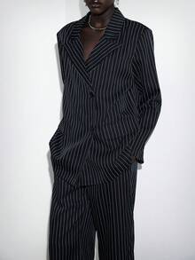 Lumivelle Women's Fashion Crossed Wrap Lapel Striped Suit Set - Brown - View 4