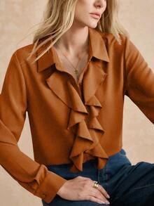 Écloséra Women's Solid Color Minimalist Ruffle Hem Long Sleeve Blouse, Everyday Wear - Brown - View 4