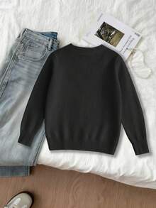 1件少女休闲简约小熊印花圆领宽松针织衫，适合上学、休闲活动、秋冬季、圣诞节穿着。 - 黑色 - 查看 2