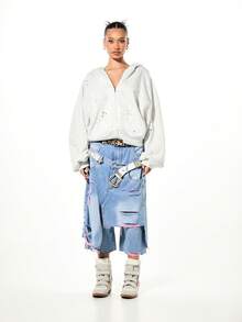 SUMWON WOMEN Oversized Boxy Zip Through Studded Hoodie With Metal Eyelets For Casual Winter Streetwear - Light Grey - View 3