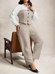 Zelara White,Autumn,Elegant,Formal Plus Size Color Block Long Sleeve Button Front Shirt And Pants 2 Pieces Set Women's Business Casual Commuter Work Attire - Black - View 6