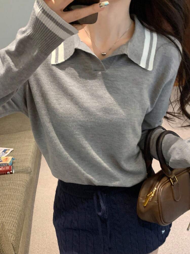 Women's Striped Polo Neck Long Sleeve Casual Sweater, Autumn/Winter