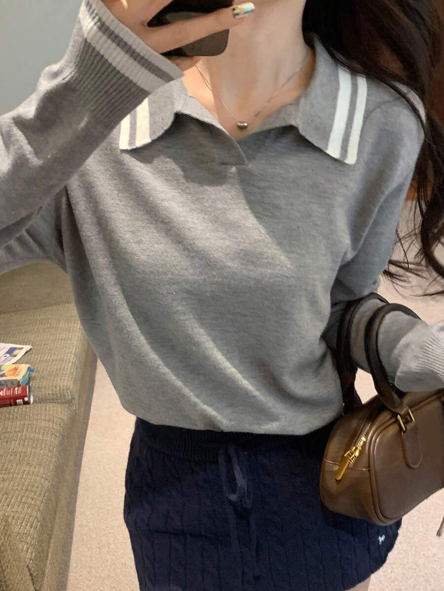 DAZY 女式条纹高领长袖休闲毛衣，秋冬 - 灰色 - 查看 1