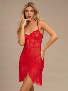 Enchnt 2 件套女士性感蕾丝对比网眼内衣套装，带钢圈文胸和丁字裤 - 紅色 - 查看 4