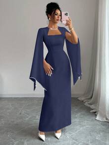 Elenzga 女士优雅方领收腰直筒连衣裙，袖口饰有珍珠链，适合婚礼、派对、音乐节等场合。 - 藏蓝色 - 查看 4