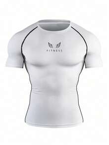 Manfinity Sport Corelite 男士字母印花插肩短袖健身休闲运动 T 恤健身上衣健身房上衣压缩衬衫透气修身衬衫圆领 - 白色 - 查看 1