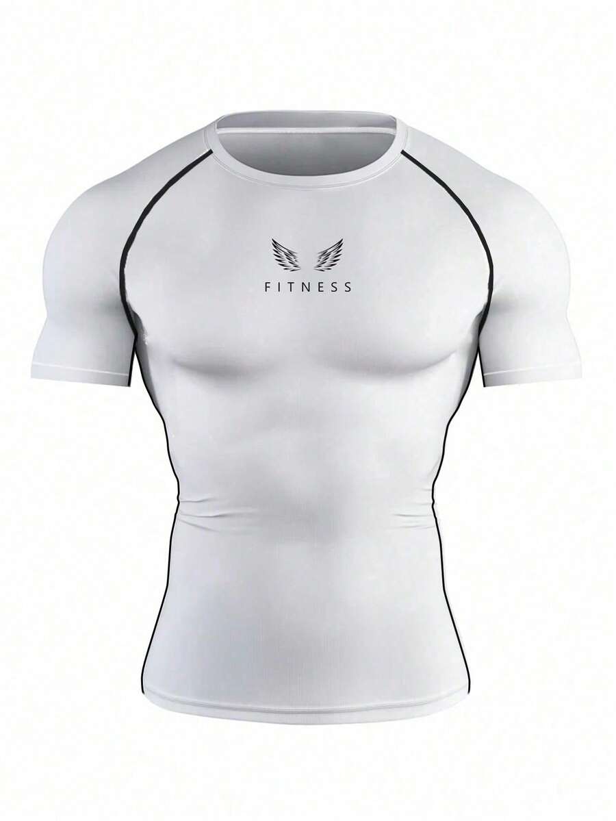 Manfinity Sport Corelite 男士字母印花插肩短袖健身休闲运动 T 恤健身上衣健身房上衣压缩衬衫透气修身衬衫圆领 - 白色 - 查看 1