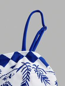 Swim Oasis 女士蓝白热带棕榈树印花连体泳衣，优雅休闲沙滩度假罩衫