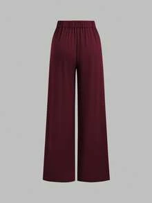 Sweetra 2 件套办公室女士简约长袖衬衫和直筒裤套装，秋季 - 酒紅色 - 查看 4