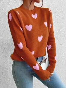 LanaWest Heart Jacquard Crew Neck Casual Long Sleeve Women Sweater, Suitable For Autumn/Winter - Orange - View 3